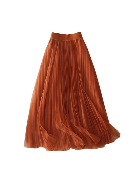 Women's Summer Skirts Women High Waist Pleated Chiffon Skirt Casual Midi Flowing Lightweight Half Summer Fashion Orange S