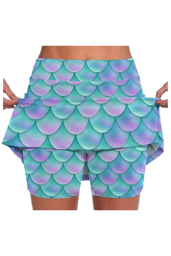 Women's Tennis Skirts Summer Women Scale Print Double Layer Culottes Sports Pocket Skirt Blue S