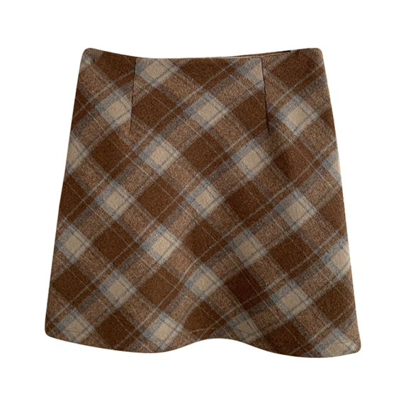 Women's Tennis Skirts Summer Women Style Autumn Winter High Waisted Plaid Woolen A Line Skirt Brown M