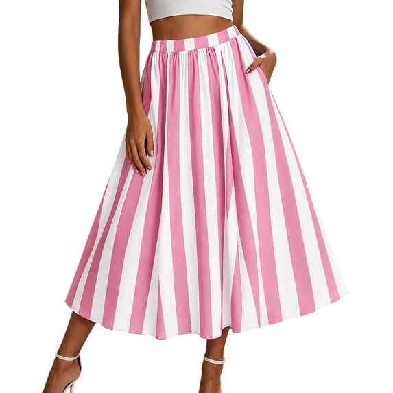 Women's Tennis Skirts Women Summer Striped High Waisted A Line Elastic Waist Flowy Ankle Beach Skirt Pink M