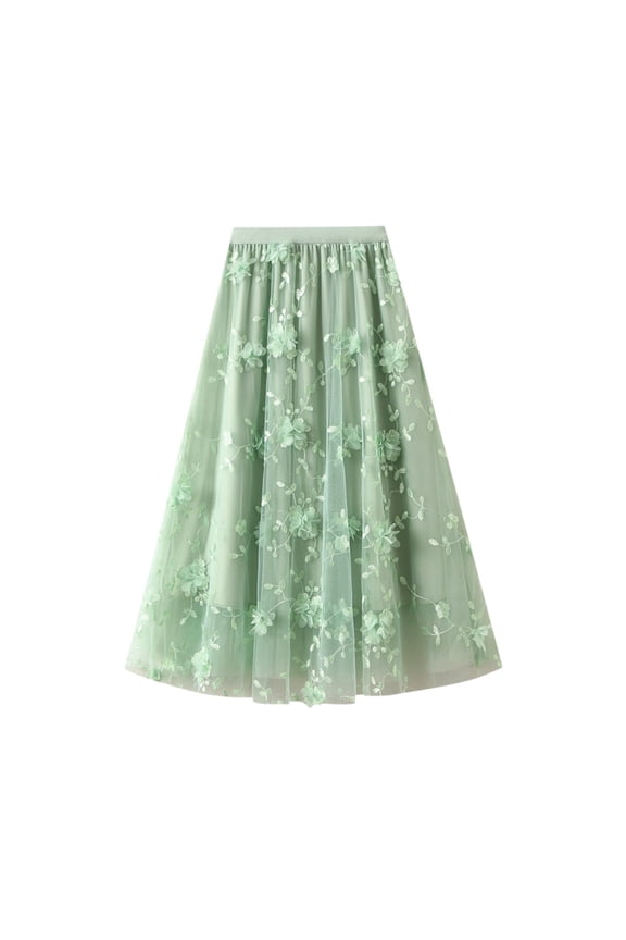 Women's Tennis Skirts Summer Women's Mesh Embroidery Heavy Industry A Line Literary High Waist Long Skirt Green One Size