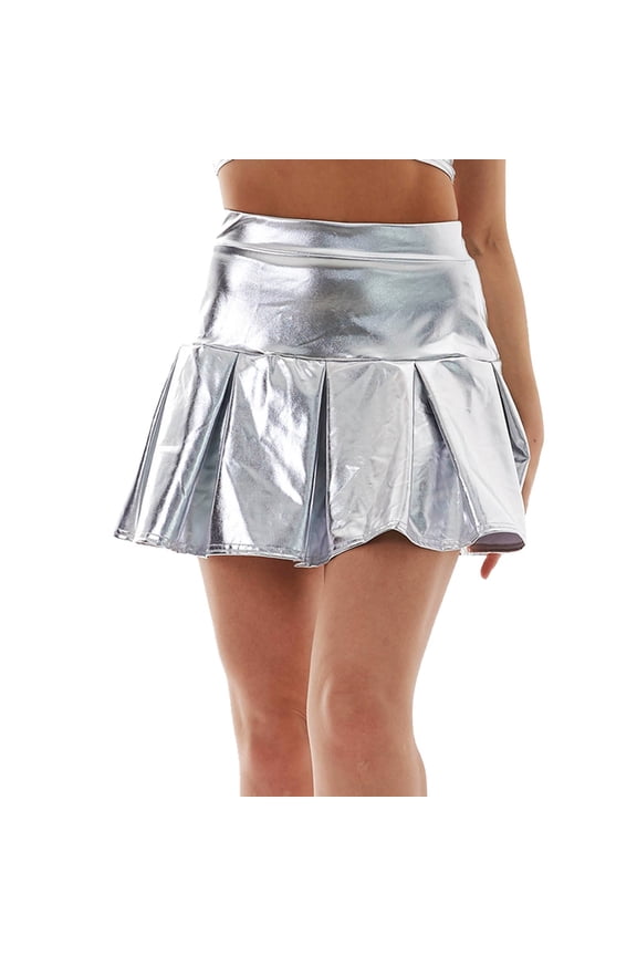 Women's Summer Skirts Women's Stage Skirt Large Swing A Line Solid Bright Face Flared Dance Silver M