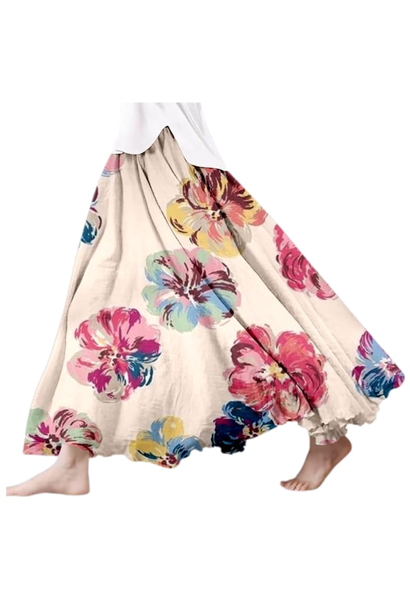 Women's Tennis Skirts Summer Women's Summer Printed Wrap Skirt Elastic Waist A Line Boho Beach Flowy Long Beige S