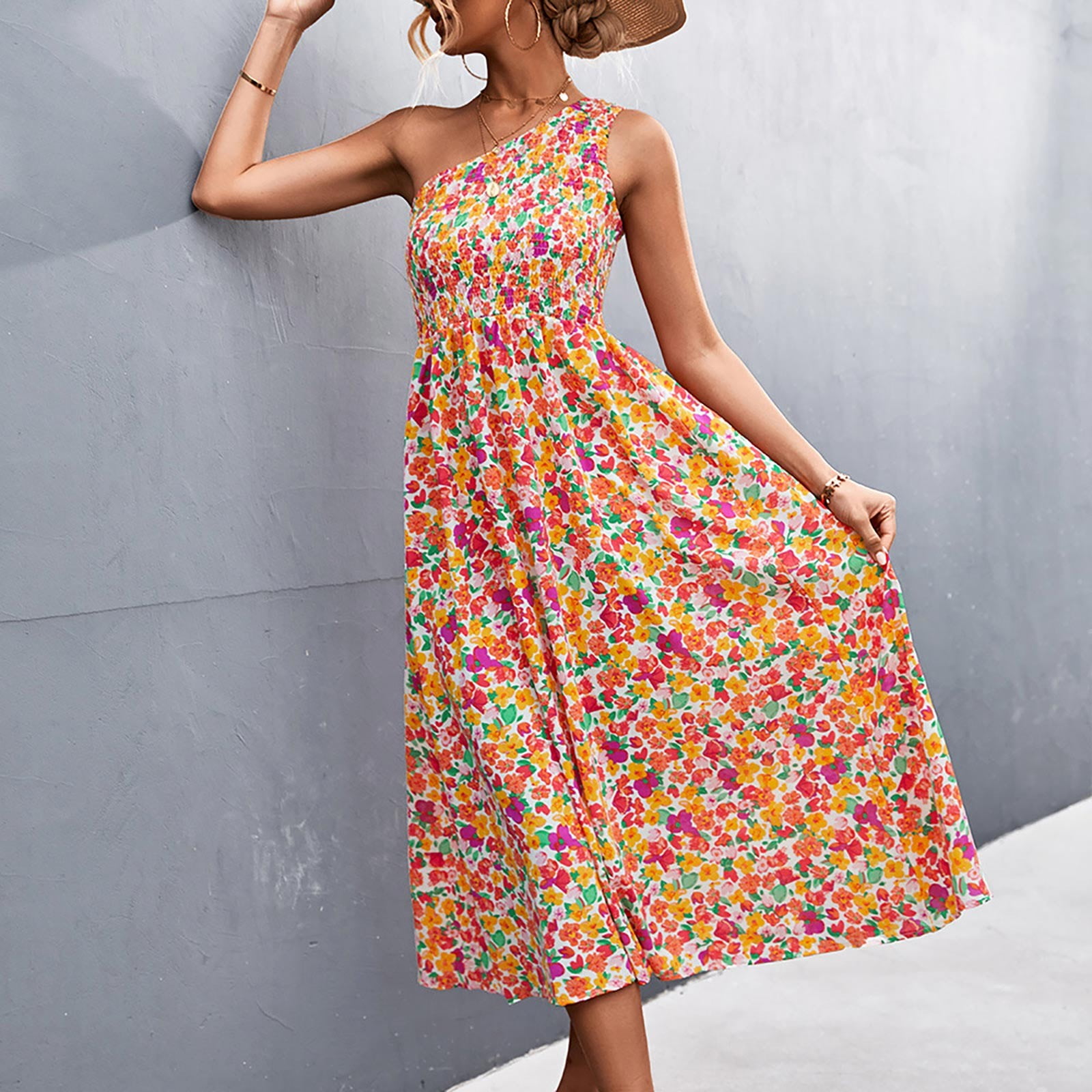 Women's Summer Slanted Shoulder Sleeve Floral Print Wrap Beach Dress