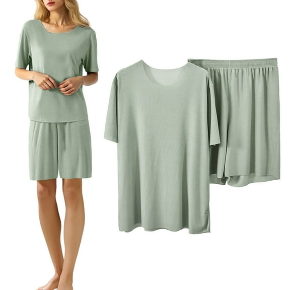 Women's Summer Sleepwear Set Casual Comfortable Shorts Pajama Outfit Seamless Solid Color Loungewear Breathable Soft Ice Silk Two Piece Swimsuits with Shorts Cute Swim Cover Ladies Swimsuits