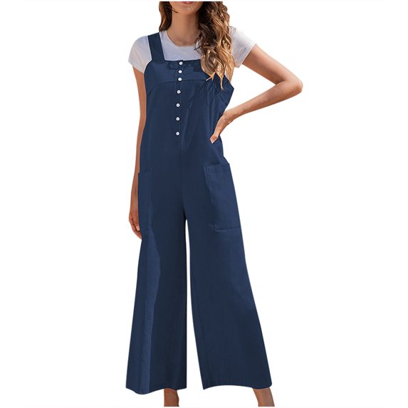 Women's Summer Sleeveless Bib Overalls Button Casual Loose Baggy Wide Leg Jumpsuits Romper with Pockets Womens Clothes