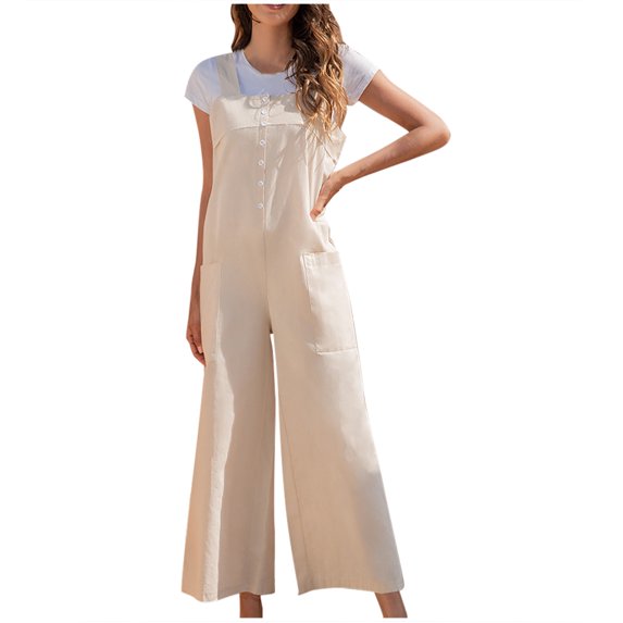 Women's Summer Sleeveless Bib Overalls Button Casual Loose Baggy Wide Leg Jumpsuits Romper with Pockets Womens Clothes