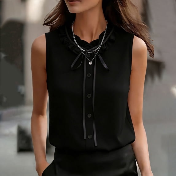Women's Summer Sleeveless Botton Down Bow Tie Blouse Ruffled Neck Work Casual Chiffon Tank Top Black L