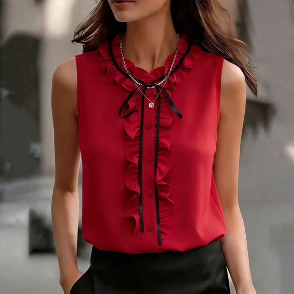 Women's Summer Sleeveless Botton Down Bow Tie Blouse Ruffled Neck Work Casual Chiffon Tank Top Red XL