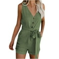 thumbnail image 1 of Women's Summer Sleeveless Button Down Romper Deep V Neck Solid Belt Casual Loose Comfy Shorts Jumpsuits with Pockets, 1 of 7