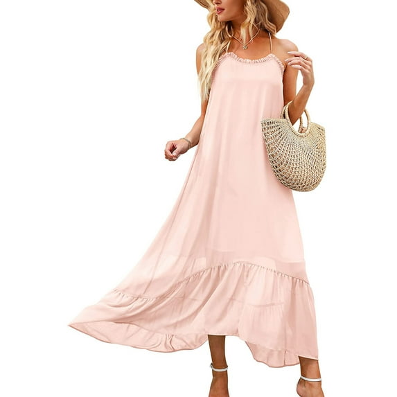 Women's Summer Sleeveless Dress Floral Patterns Ruffled Neckline High-low Hem Cute Dress