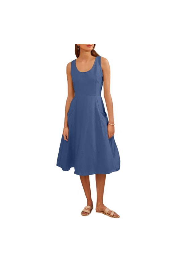 Women's Summer Sleeveless Empire Maxi Dress Square Neck A-Line Pleated Flowy Elegant Casual Dresses