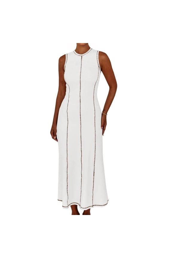 Women's Summer Sleeveless Extra Contrast Stitch Ribbed Knit Long Dresses