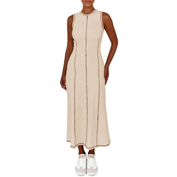 Women's Summer Sleeveless Extra Contrast Stitch Ribbed Knit Long Dresses