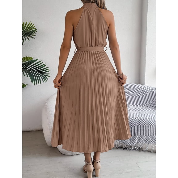 Women's Summer Sleeveless Halter Neck Pleated Midi Cocktail Dresses A Line Flowy Beach Sun Dress with Belt