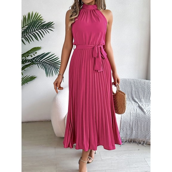 Women's Summer Sleeveless Halter Neck Pleated Midi Cocktail Dresses A Line Flowy Beach Sun Dress with Belt