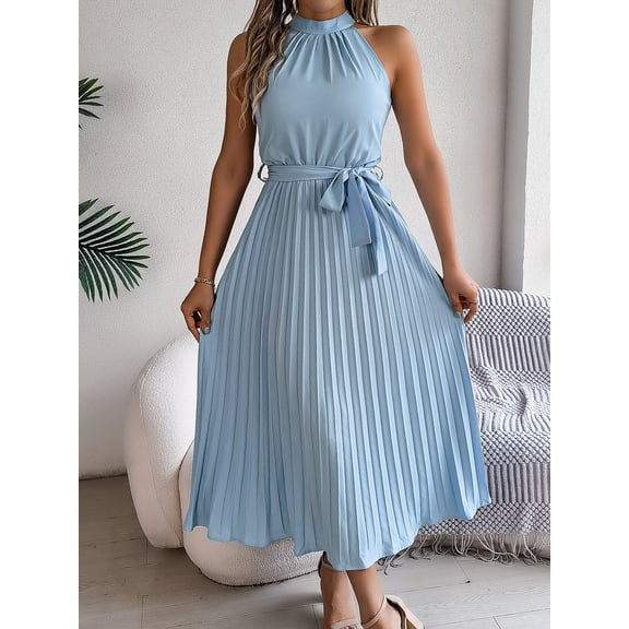 Women's Summer Sleeveless Halter Neck Pleated Midi Cocktail Dresses A Line Flowy Beach Sun Dress with Belt