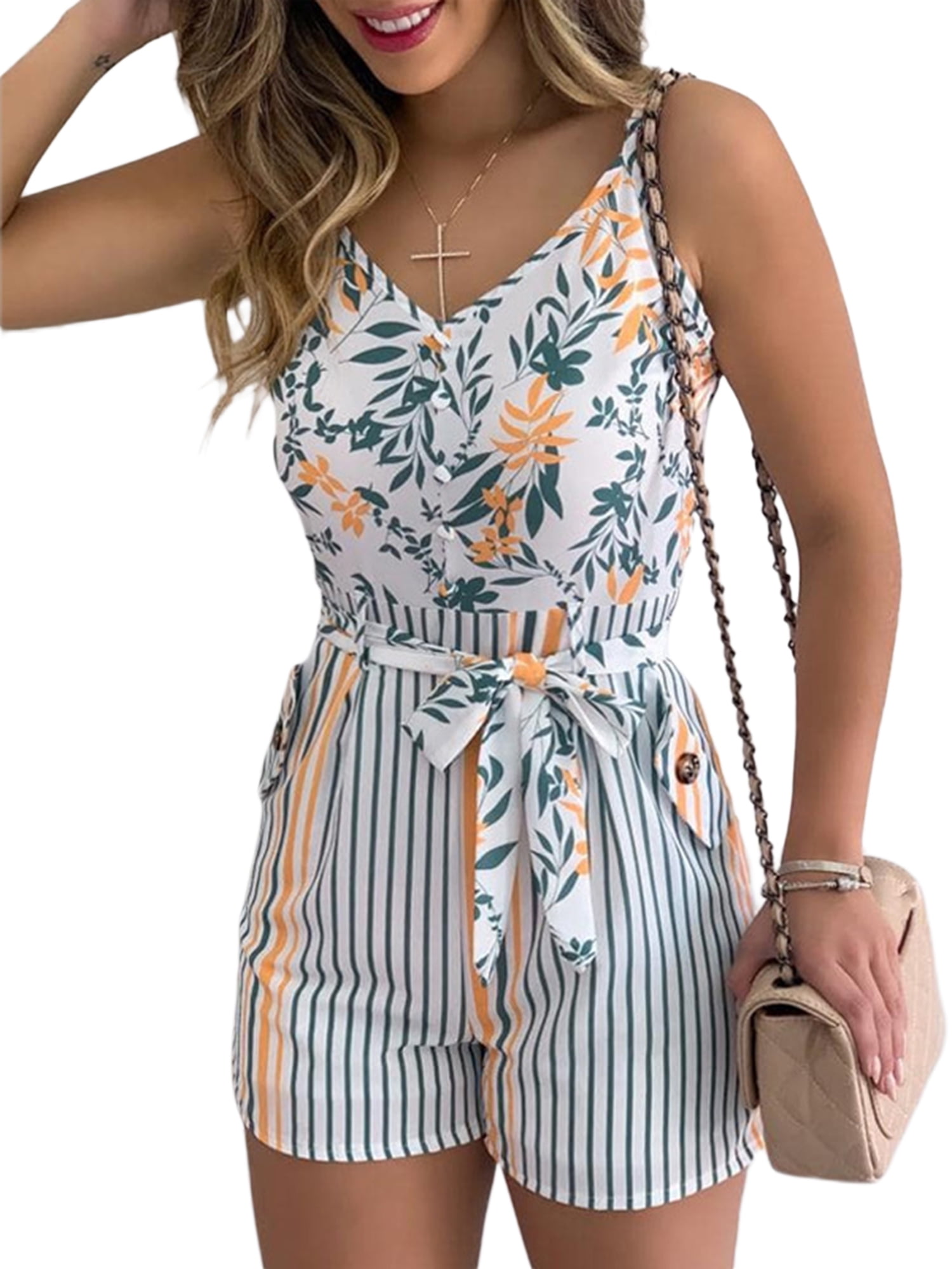 Women's Summer Sleeveless Jumpsuit Button Down V Neck Tie Waist Belted One  Piece Short Romper Playsuit with Pockets