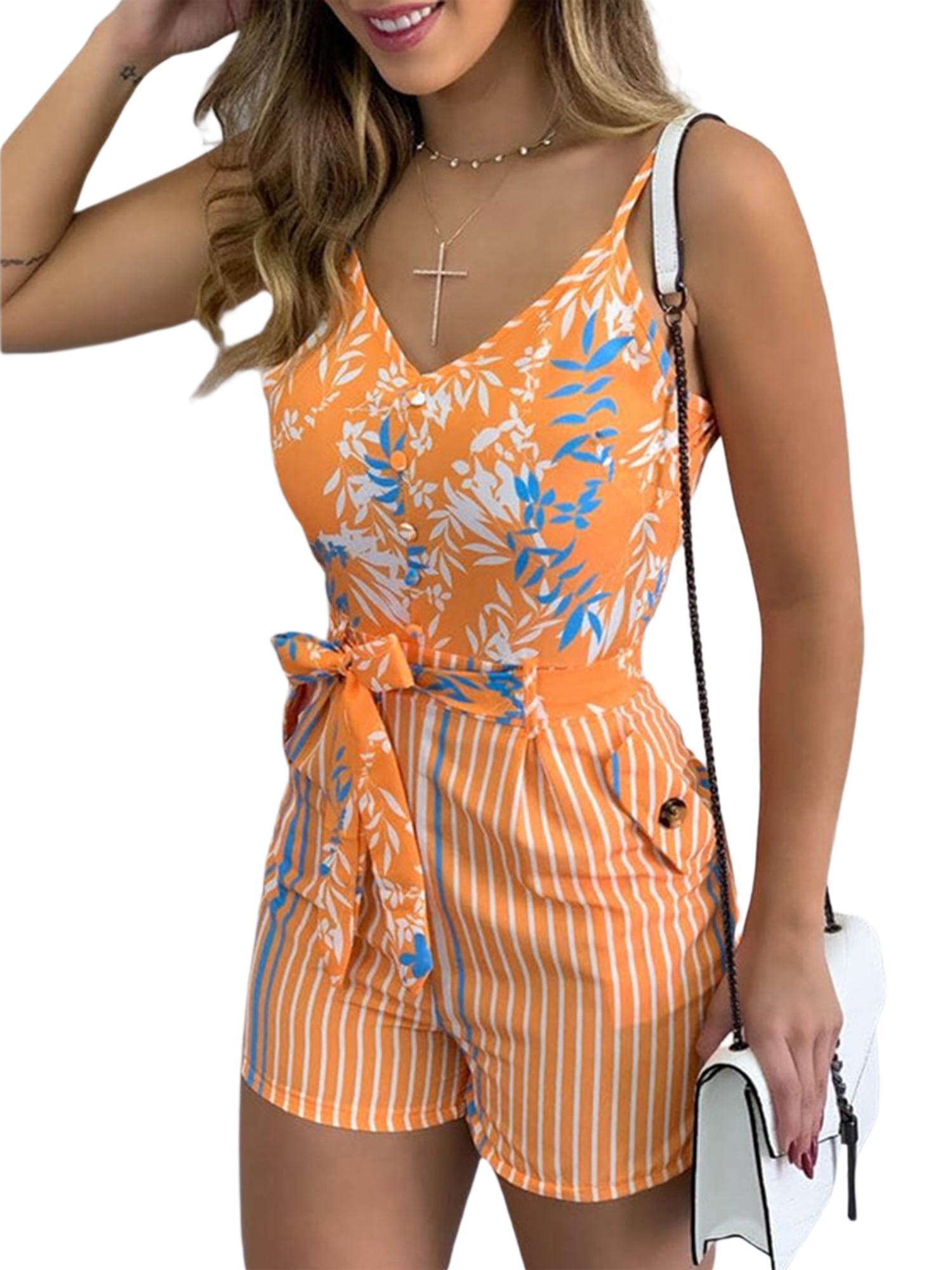 Women's Summer Sleeveless Jumpsuit Button Down V Neck Tie Waist Belted One  Piece Short Romper Playsuit with Pockets 