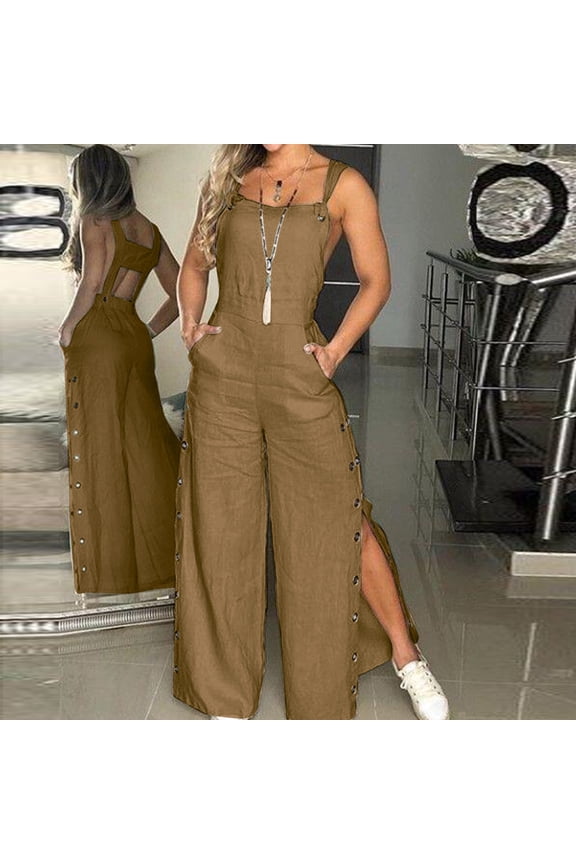 Women's Summer Sleeveless Knot Linen Strappy Pants Button Openings Loose Long Pants With Pockets Interview Clothes for Women Flare Sleeve Jumpsuit Romper with Skirt Overlay Juniors Tropical Jumpsuits