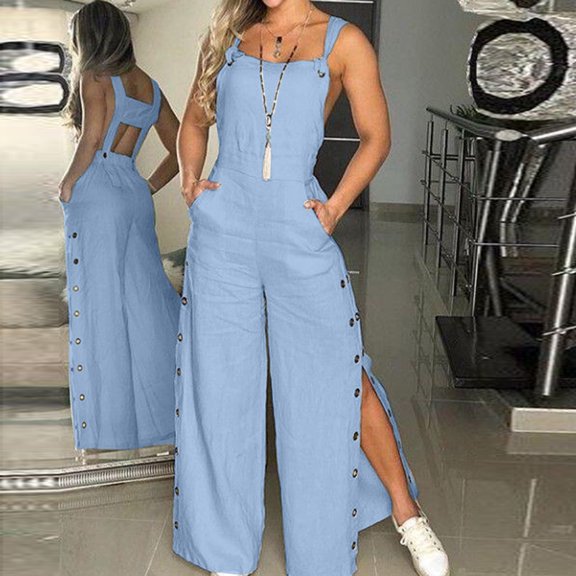 Women's Summer Sleeveless Knot Linen Strappy Pants Button Openings Loose Long Pants With Pockets Interview Clothes for Women Flare Sleeve Jumpsuit Romper with Skirt Overlay Juniors Tropical Jumpsuits