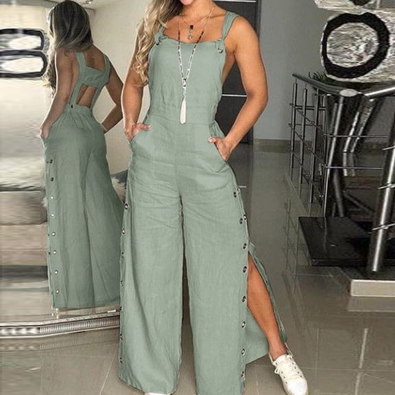 Women's Summer Sleeveless Knot Linen Strappy Pants Button Openings Loose Long Pants With Pockets Long Sleeve Womens Body Suit Finesse Outfit Women Two Piece Jumpsuits for Women Olive Long Sleeve