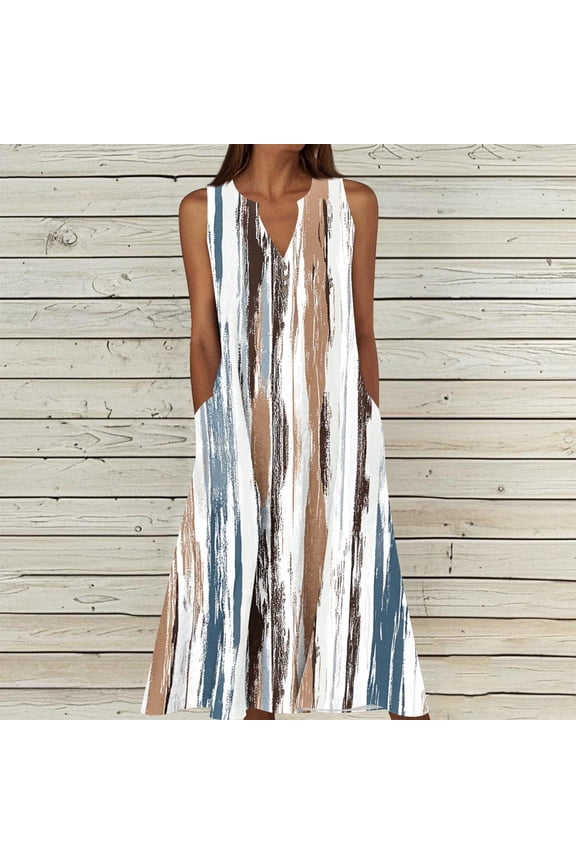 Women's Summer Sleeveless Midi Tank Dress V Neck Geometric Print A-Line Sun Dress with Pockets Casual Loose Fit Flowy Shift Dress For Daily Wear Beach Vacation