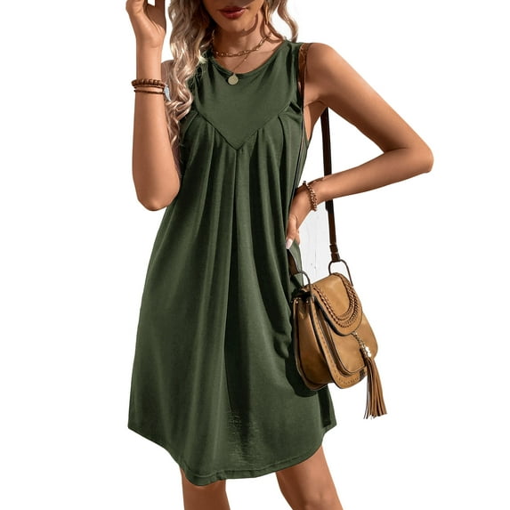 Women's Summer Sleeveless Mini Dress 2024 Crewneck Solid Color A Line Pleated Swing Casual Basic Short Dress (Army Green,Small)