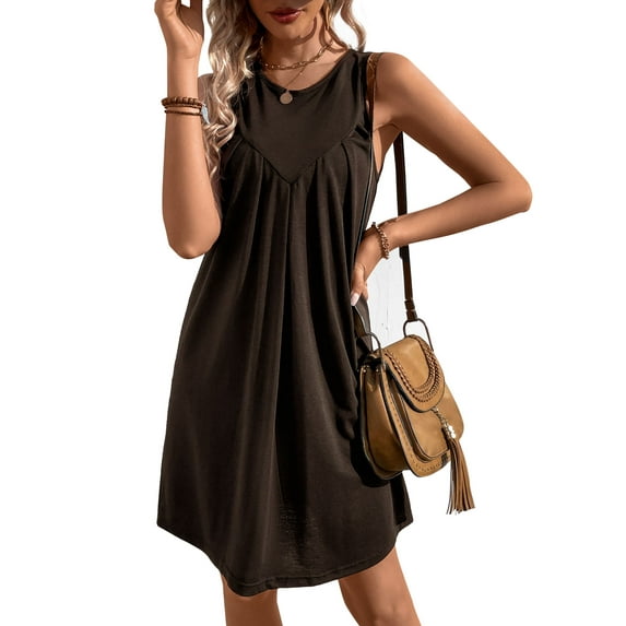 Women's Summer Sleeveless Mini Dress 2024 Crewneck Solid Color A Line Pleated Swing Casual Basic Short Dress (Brown,Small)