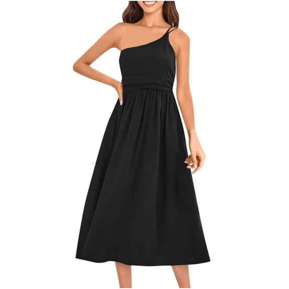 Women's Summer Sleeveless One Shoulder Dress Boho Floral Print Midi Dress High Waist A-Line Flowy Beach Sundress