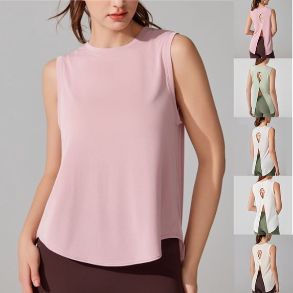 Women's Summer Sleeveless Round Neck Tank Top Cami Casual Solid Color Sports Yoga Workout Essential for Women | CSEONE,White L
