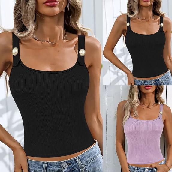 Women's Summer Sleeveless Round Neck Tank Top Camisole Shirt Lightweight Breathable Comfy Regular Fit Solid Color Casual Beach Vacation | CSEONE,Black L