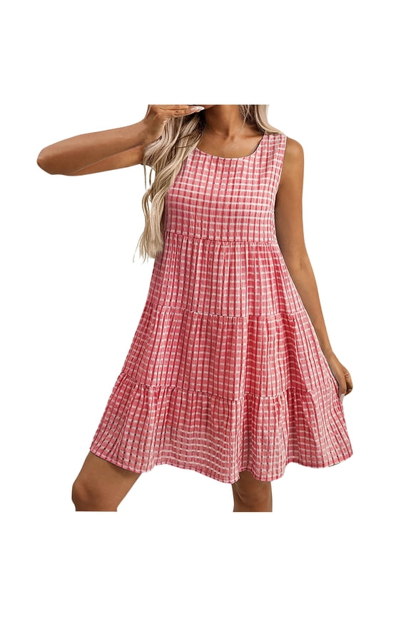 Women's Summer Sleeveless Ruffle Mini Dress Plaid Hollow Out Tiered Babydoll Dress Flowy Beach Cover Up Sundress