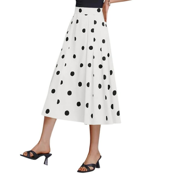 Women's Summer Sleeveless Scoop Neck Sun Dress Tank Beach Dress, Casual Retro Draped Polka Dot Mid-Length A-Line Skirt with Pockets,White,Size 2XL
