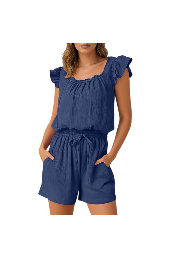Women's Summer Sleeveless Shorts Jumpsuit | Elegant Front Tie Round Neck Jumpsuit with Pockets & Lace Trim - Casual for Daily Getaways