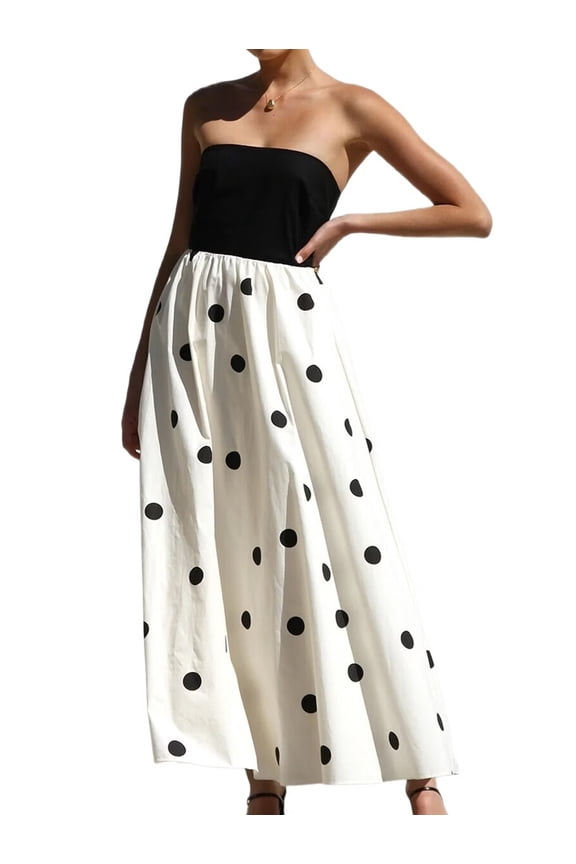 Women's Summer Sleeveless Swing Sundress Polka Dot Print Patchwork Strapless A-Line Maxi Dress White L (Beach Vacation Outfits Women)