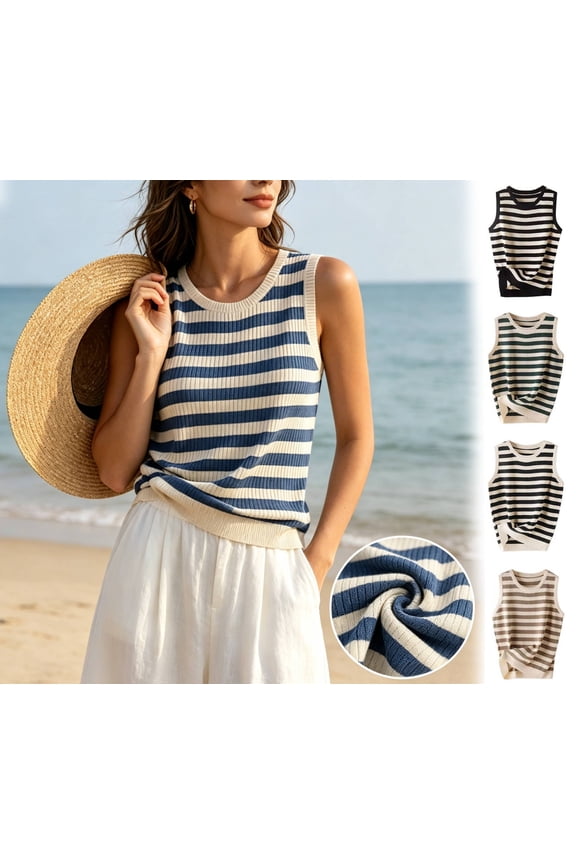 Women's Summer Sleeveless Tank Top Cami Casual Wear Oversized Round Neck Striped Knit Solid Color Loose Fit Beach Vacation Streetwear Fashion Essential Gift for Women | CSEONE M