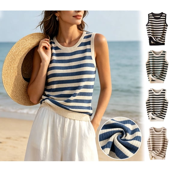 Women's Summer Sleeveless Tank Top Cami Casual Wear Oversized Round Neck Striped Knit Solid Color Loose Fit Beach Vacation Streetwear Fashion Essential Gift for Women | CSEONE,Beige L