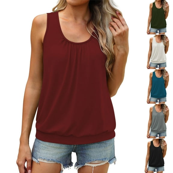 Women's Summer Sleeveless Tank Top Shirts Blouses Casual Loose Fit Pleated Neckline Solid Color Soft for Vacation Beach Travel Streetwear Fashion Essential Gift for Women