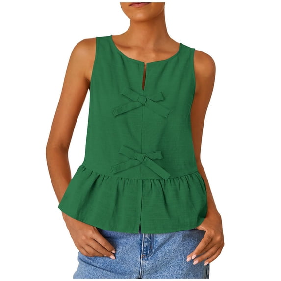 Women's Summer Sleeveless Tank Tops Crewneck Tie Front Linen Shirts Loose Fit Flowy Ruffle Peplum Tunic Blouses