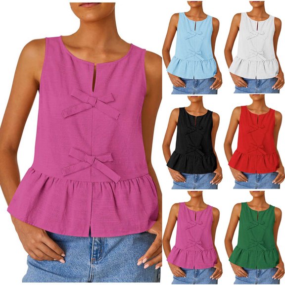 Women's Summer Sleeveless Tank Tops Crewneck Tie Front Loose Flowy Ruffle Peplum Babydoll Blouses, Limited Time, Under 10 Dollars