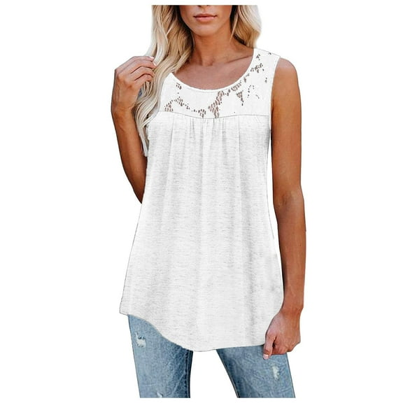 Women's Summer Sleeveless Tank Tops Round Neck Lace Solid Color Flowy Blouses Tee Casual Loose fitted Tunic Shirts Ladies Clothes