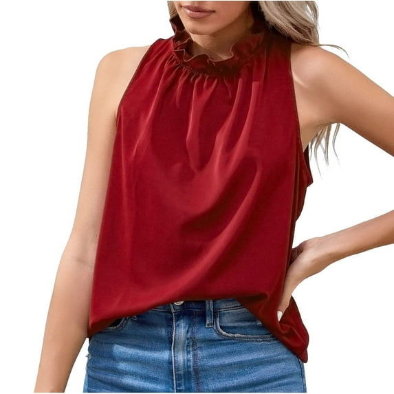 Women's Summer Sleeveless Tank Tops Ruffle Neck Solid Casual Vest Blouses Loose Comfy Cami Shirts Tunic