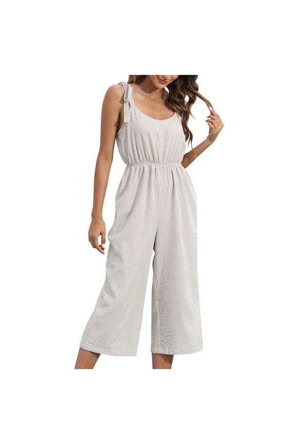 Women's Summer Sleeveless Tie Shoulder Strap Jumpsuit Dressy Casual Striped High Waist Wide Leg Capri Pants Romper