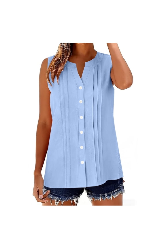 Women's Summer Sleeveless V-Neck Button-Down Shirt Top in Solid Colors