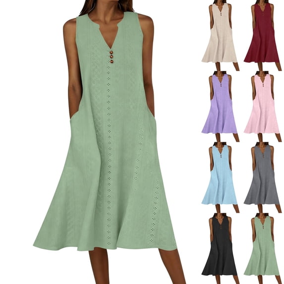 Women's Summer Sleeveless V Neck Midi Dress Eyelet Lace Trim Button Front Casual Dress with Pockets Green XL(XL)