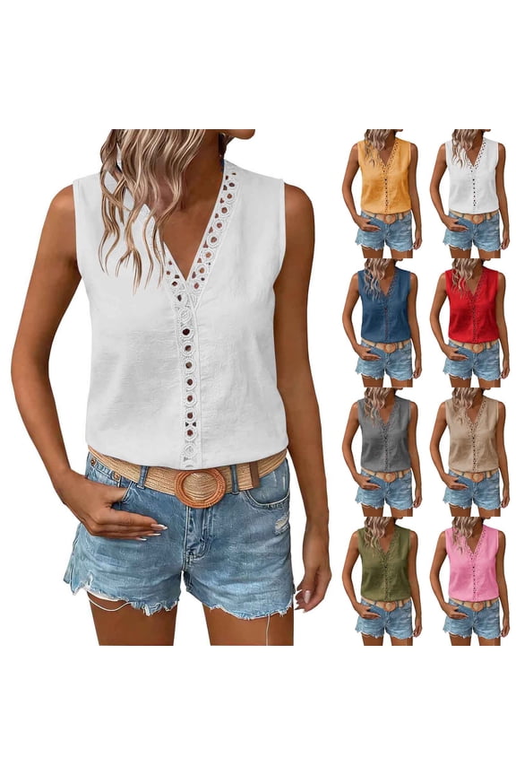 Women's Summer Sleeveless V Neck Top Tops Shirts Blouses Hollow Out Stitching Solid Color Casual Daily Wear Vacation Beach Party Night Out Fashion Essential Gift for Women