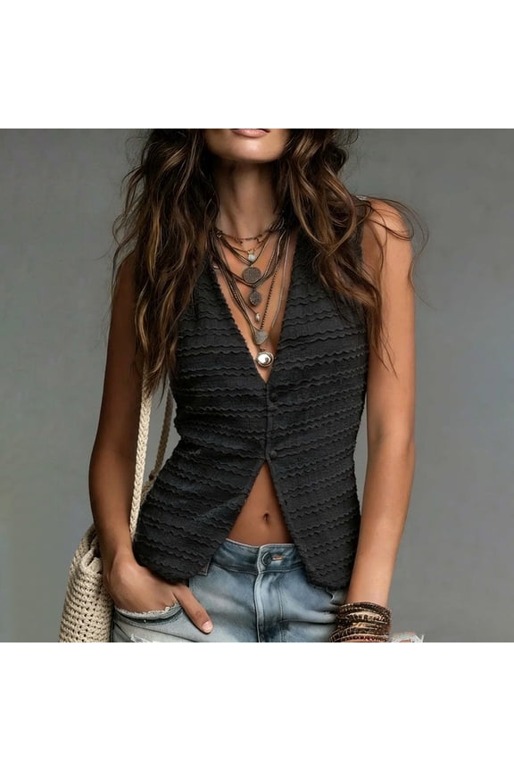 Women's Summer Sleeveless Vest Top, V Neck Two Button Front, Solid Color Ripple Stripe Ruched Texture, Casual Tank Top for Daily Wear, Breathable and Lightweight Black M