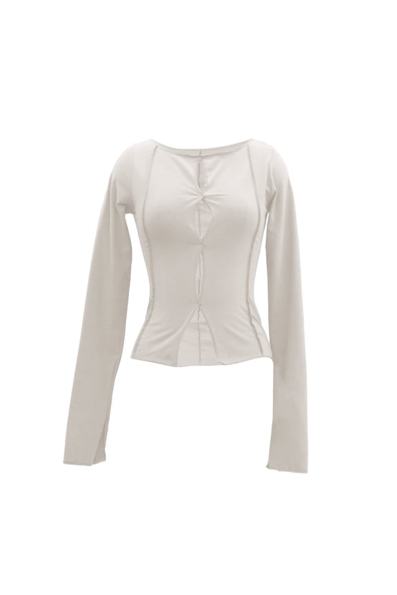 Women's Summer Slim Cropped Tops Solid Color Long Sleeve Round-Neck Cutout Show Navel T-Shirt