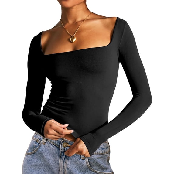Women's Summer Slim Cropped Tops Solid Color Long Sleeve Square-Neck Basic T-Shirt Streetwear